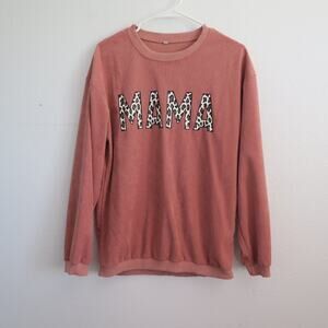 MAMA Graphic Pullover Shirt Rose Pink Corduroy Cheetah Size Small Oversized